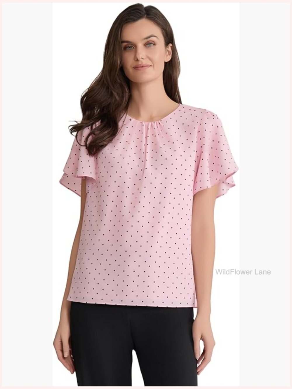 Short Flutter Sleeve Polka Dot Top - Women's Work Blouse